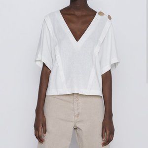 NWT ZARA ECRU WOODEN BUTTON LINEN BLEND TOP SIZE M